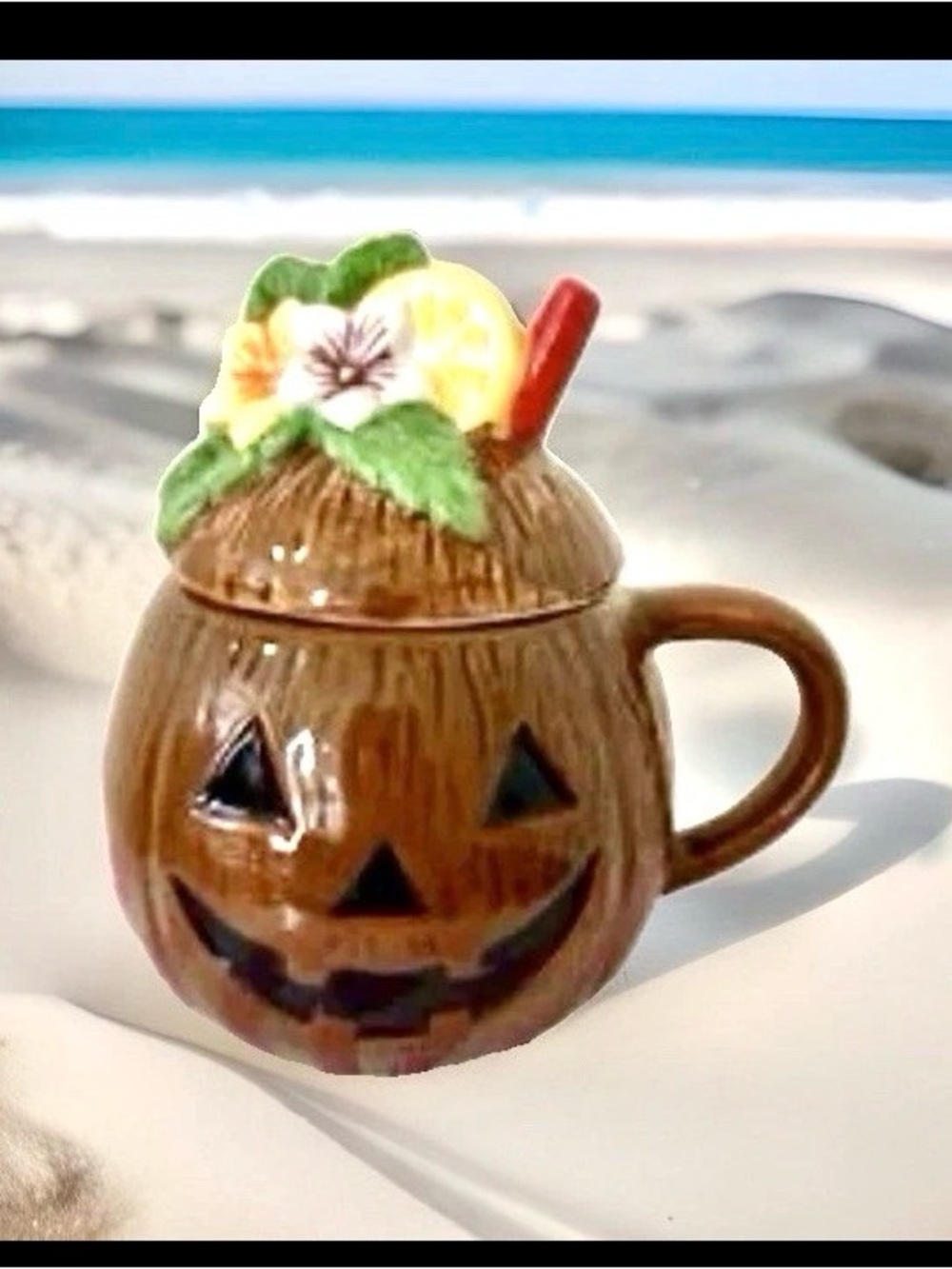Tiki Pumpkin Mug Ceramic with Lid Jack O Lantern